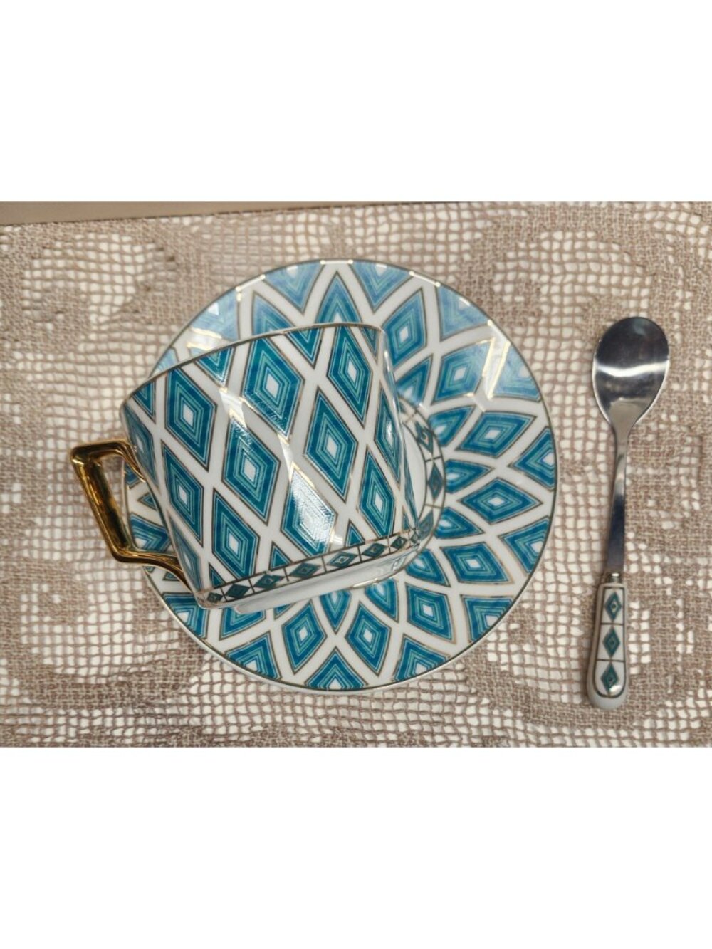Porcelain Tea Cup Saucer & Spoon Set Teal Blue Geometric Pattern Gold Handle 3 p - Picture 7 of 7